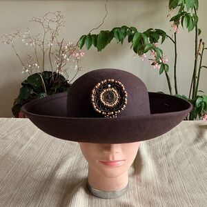 Elegant Brown Wool Hat with Beaded Accent